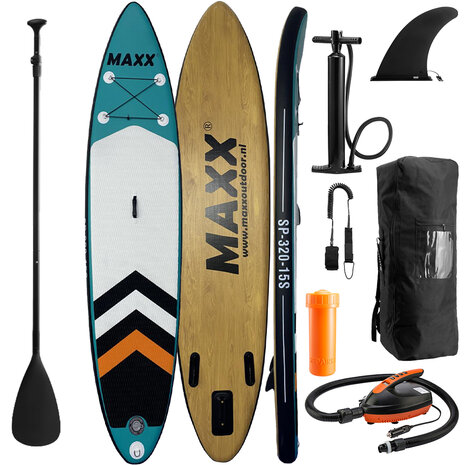 Sluit een verzekering af Oxide Gedeeltelijk Maxxoutdoor SUP Board Ladoga Blue & Wood Edition - Complete Set - Inclusief  Elektrische Pomp - 320cm